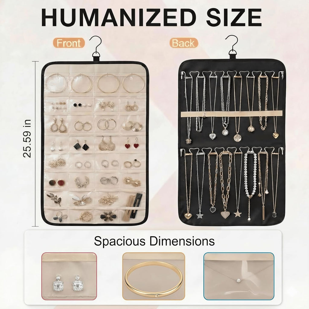 Hanging Jewelry Organizer, Dual-Sided Necklace Holder with Multiple Clear Pockets - Wall Mount & Over The Door Closet Storage for Earrings, Rings, Bracelets - 360° Rotating Hanger (1, Black, M)