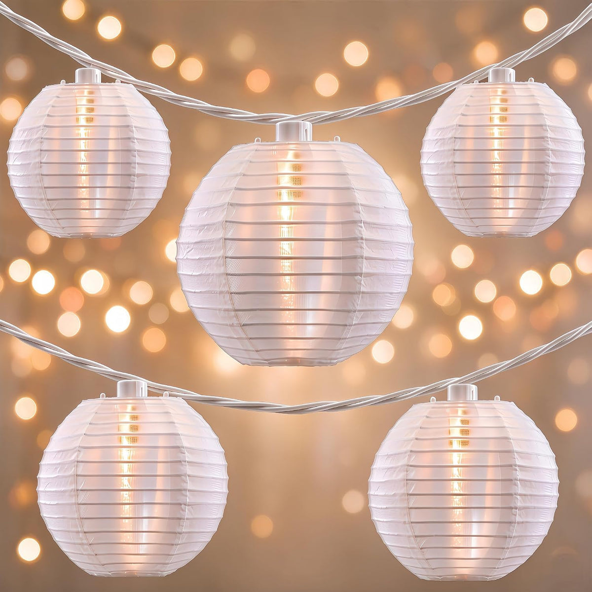 YULETIME White Lantern String Lights, 10 ct 3" Dia 7.6' White Wire Plug-in