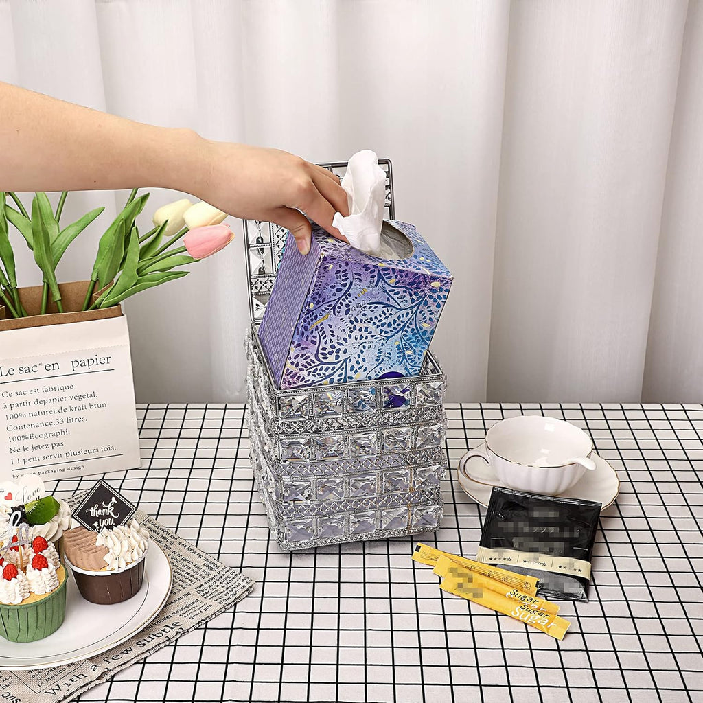 Sumnacon Crystal Square Tissue Box Cover - Sparkling Cube Glass Tissue Box Holder, Decorative Facial Tissue Holder for Bedroom Bathroom Dresser Night Stand Table Countertop Home Decor, Silver