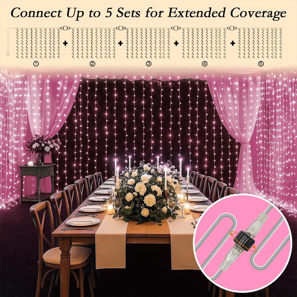 300 LED Pink Curtain String Lights 9.8x9.8FT, Plug in Fairy Lights, 9 Hooks, Dimmable Timer 8 Modes, IP44 Waterproof, Princess Girls Bedroom Wall Wedding Party Birthday Indoor Decor