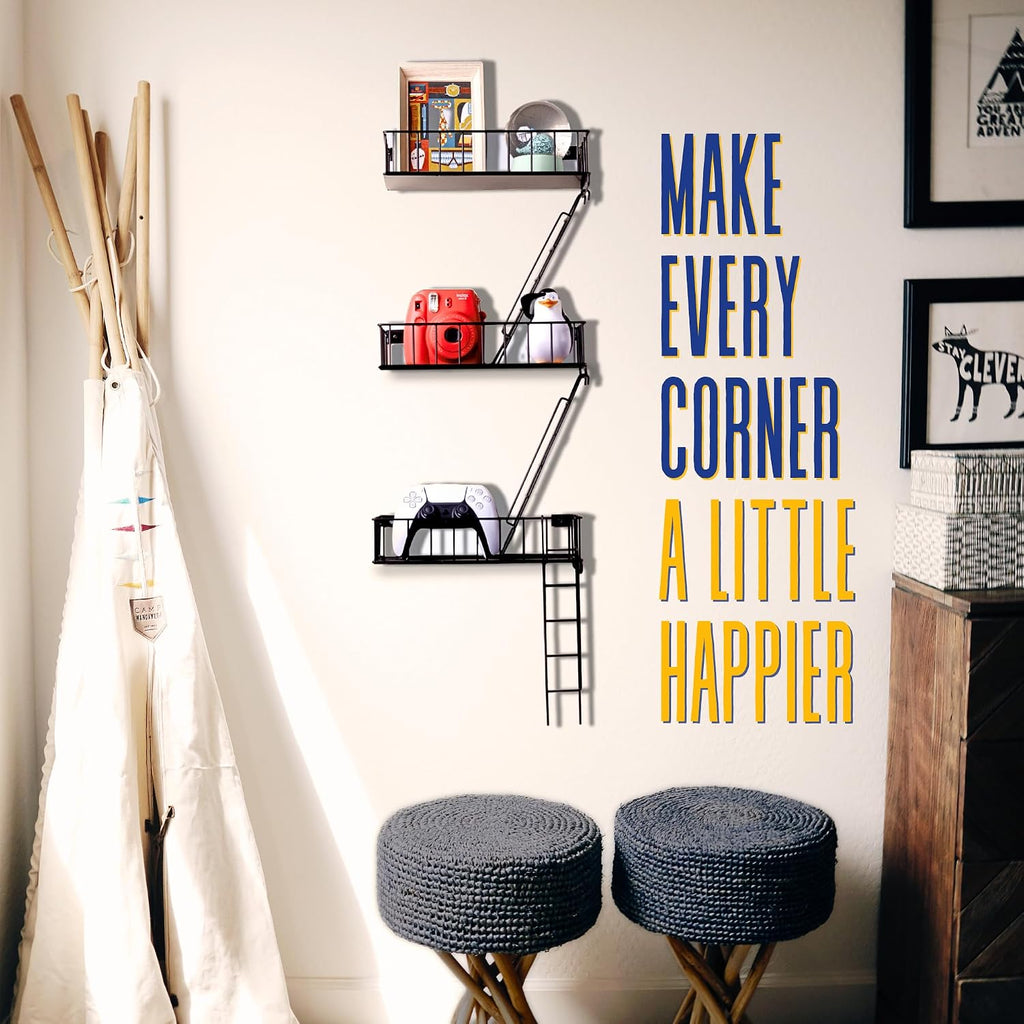 Fire Escape Wall Shelf, Black Metal Decorative Floating Ladder, 3-Tier