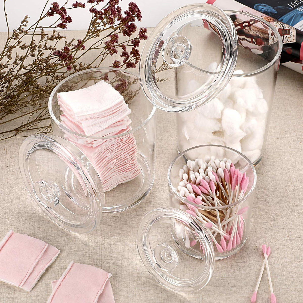 Hipiwe Clear Plastic Apothecary Jars with Lid, Large Size Bathroom Storage Canister Jar Cotton Ball and Swab Organizer Q-Tips Holder, 60-Ounce, 30-Ounce and 15-Ounce, Set of 3 (Pack of 2)