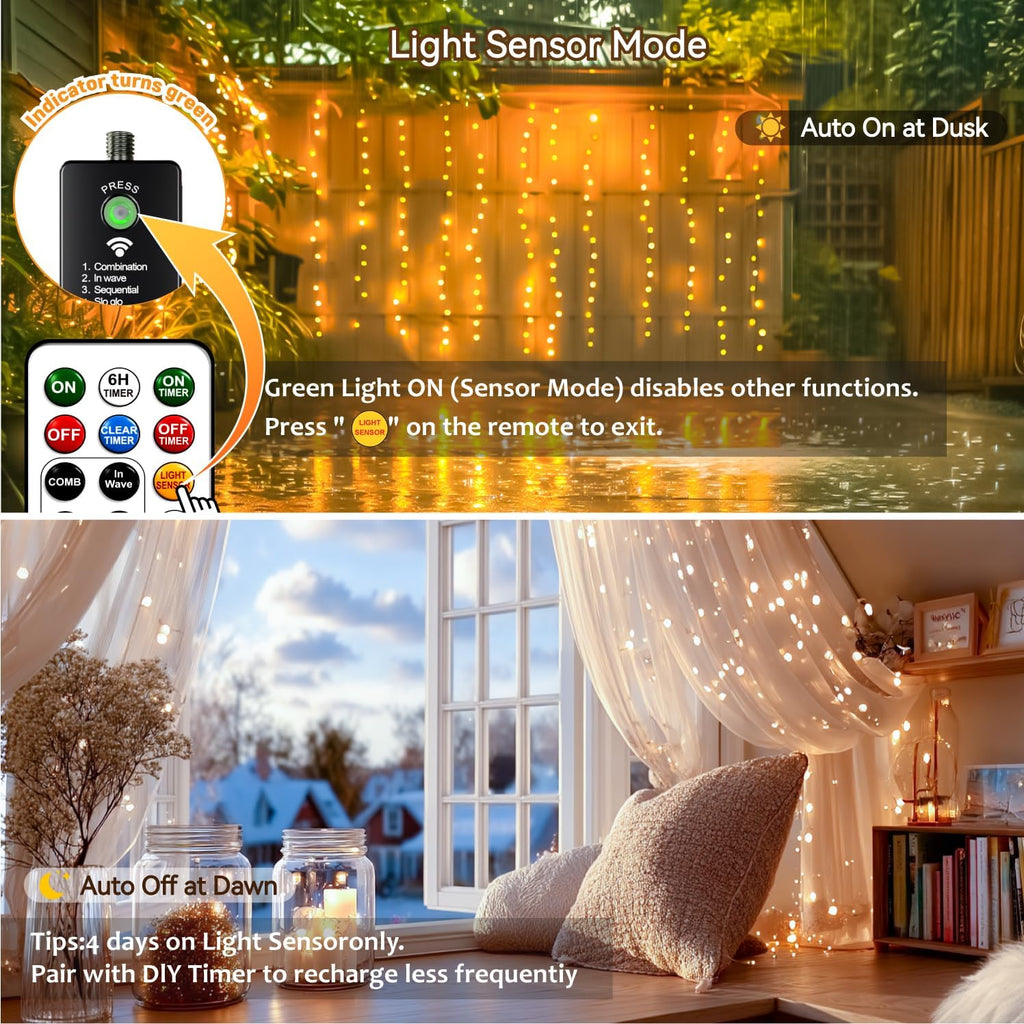HXWEIYE Rechargeable 300LED Curtain Lights Battery Powered,9.8x9.8Ft,Remote