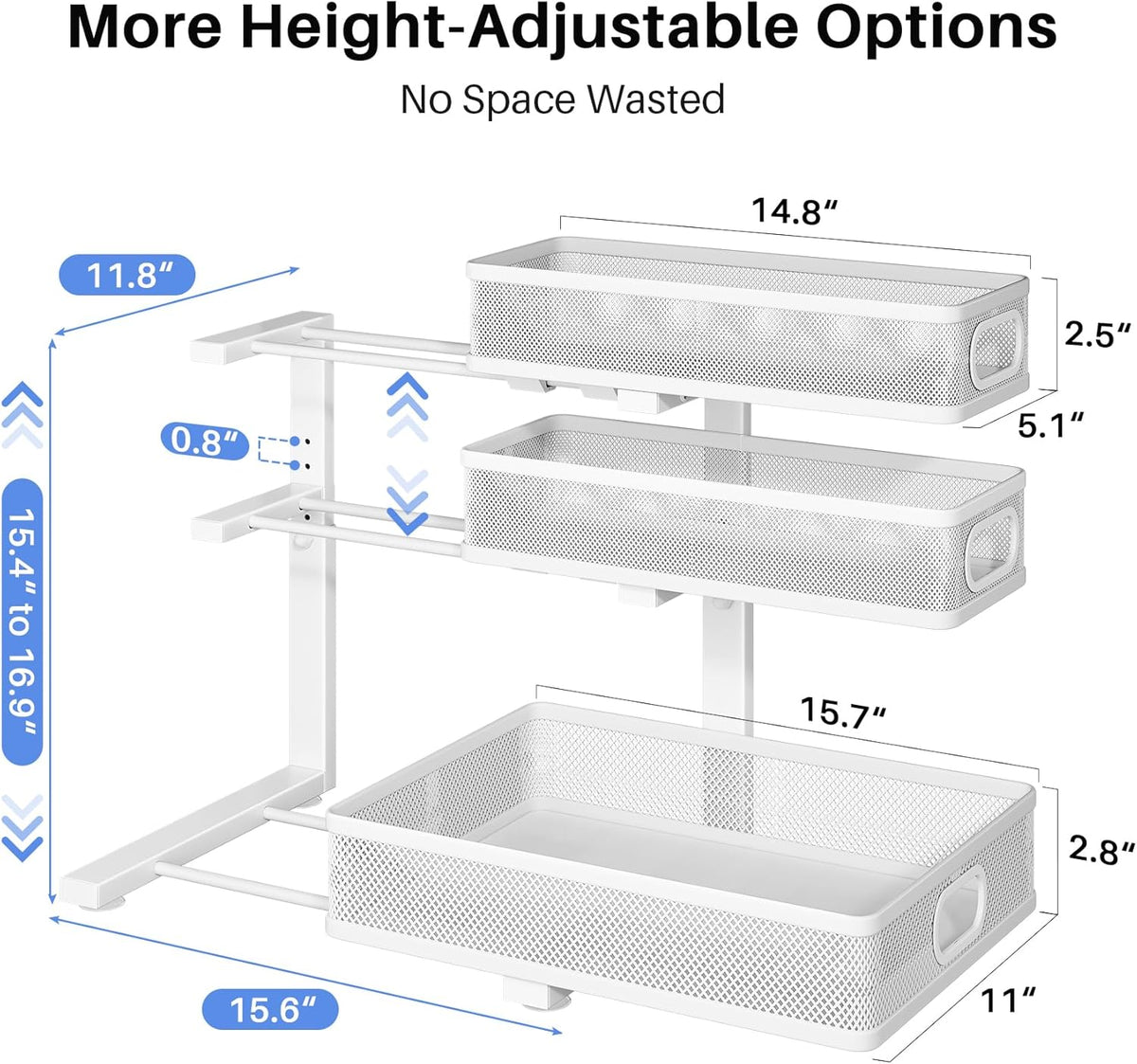 Under Sink Organizer, 3-Tier Thickened Metal Pull out Cabinet Organizer Shelf, Height Adjustable Slide out Storage Drawer Rack for Kitchen Bathroom Pantry Laundry Home Organization, 2-Pack, White