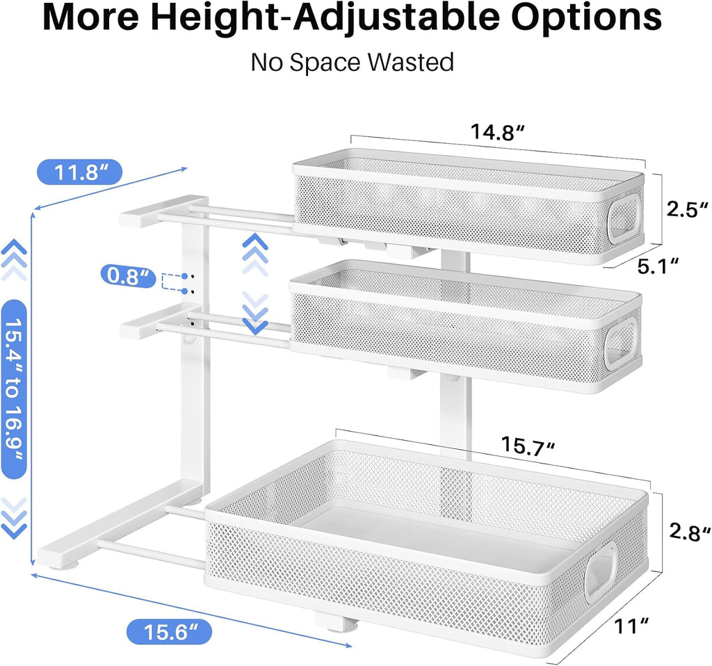 Under Sink Organizer, 3-Tier Thickened Metal Pull out Cabinet Organizer Shelf, Height Adjustable Slide out Storage Drawer Rack for Kitchen Bathroom Pantry Laundry Home Organization, 1-Pack, White
