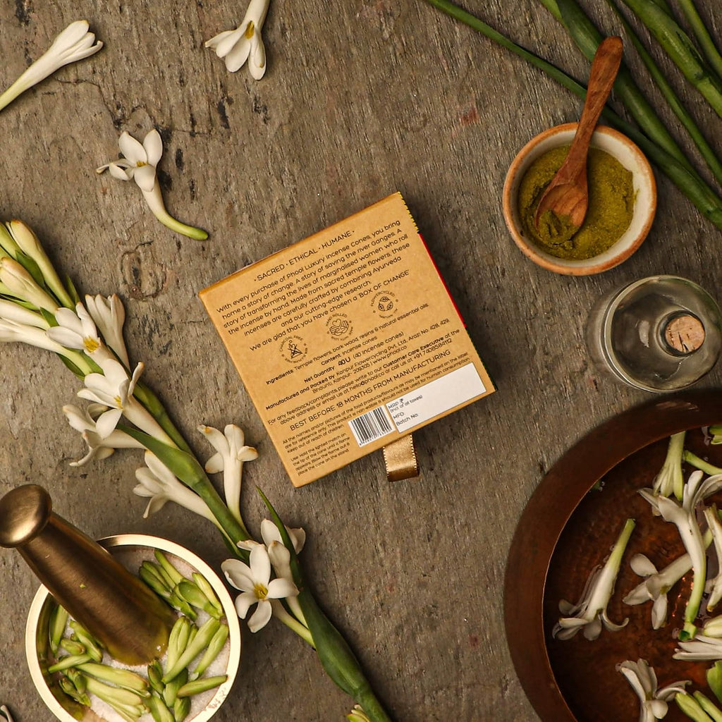 PHOOL LUXURY INCENSE Natural Incense Cones (Bundle Pack of 4) I Special Pack Floral Fragrances - Indian Rose, Tuberose, Lavender, Nagchampa I Organic Dhoop Cones I Chemical & Charcoal Free