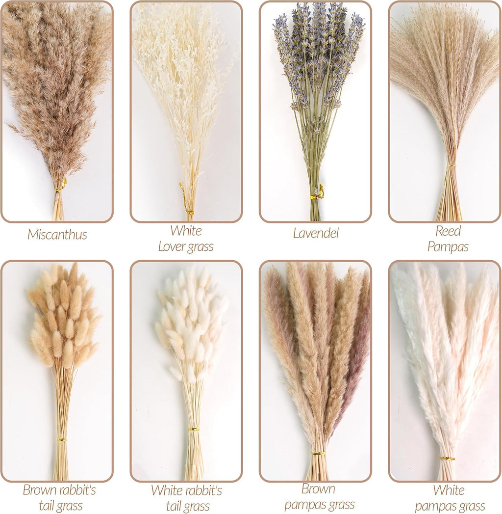 Dried Pampas Grass Bouquet – Floral Decor for Home, Wedding, Mantel & Table Centerpiece – Beige & White Pampas, Bunny Tail Dried Flowers, Lavender – Boho Chic, Rustic Farmhouse & Aesthetic Room Decor