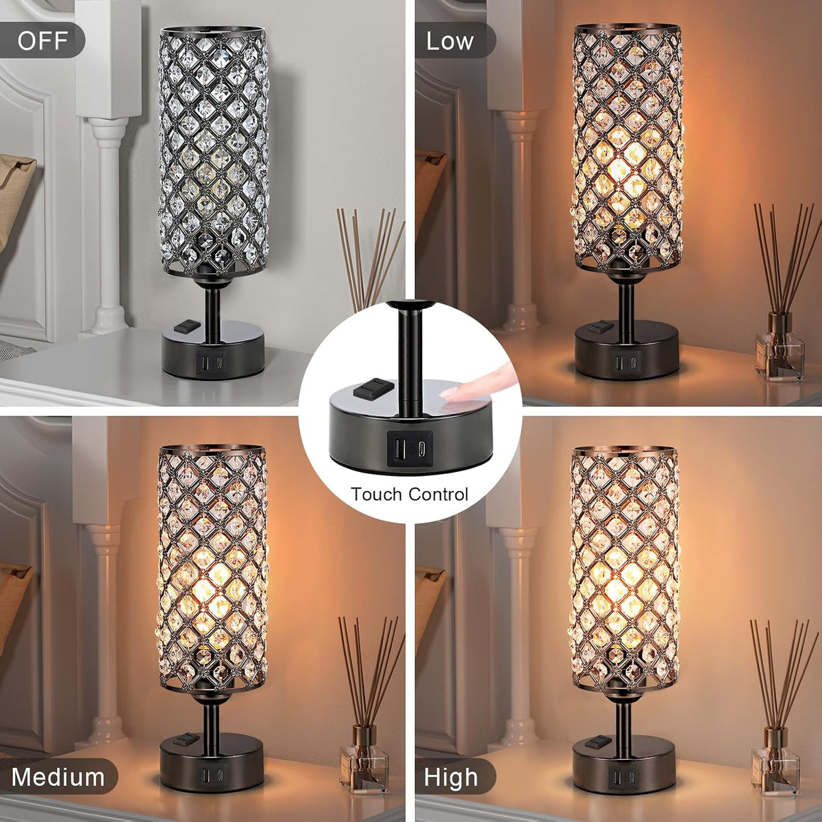 Hong-in Crystal Table Lamp Touch Control Set of 2, 3-Way Black Crystal Lamps with USB C+A Ports & AC Outlet, Dimmable Nightstand Desk Lamps,Modern Bedside Table Lamp for Bedroom(Bulbs Included)
