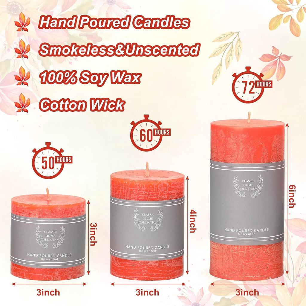 Orange Pillar Candles, 3x3 Inch Fall Pillar Candles Set of 3