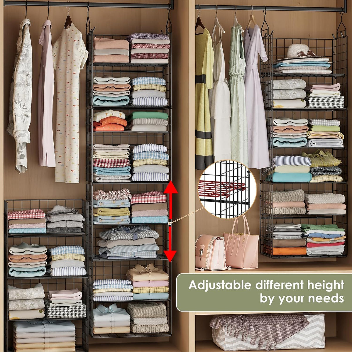 8 Tier Widened Hanging Closet Organizer and Storage Shelves, Metal & Foldable Hanging Clothing Organizer Baskets with Adjustable Dividers for Sweaters Shoes Handbags,Black (D11.81"xW16.14"xH15.35")