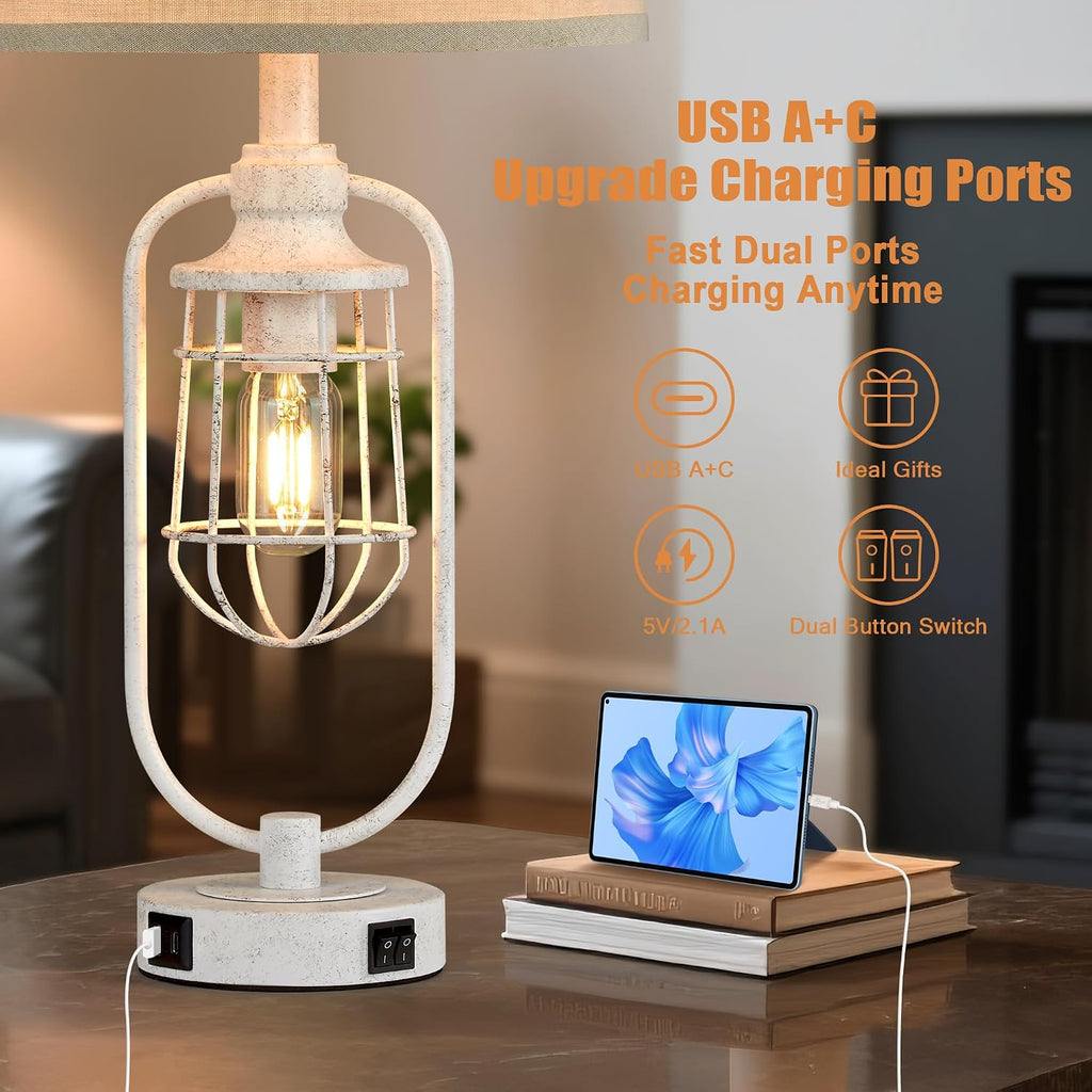 24" Antique Farmhouse Table Lamps Set of 2 for Living Room, USB A+C