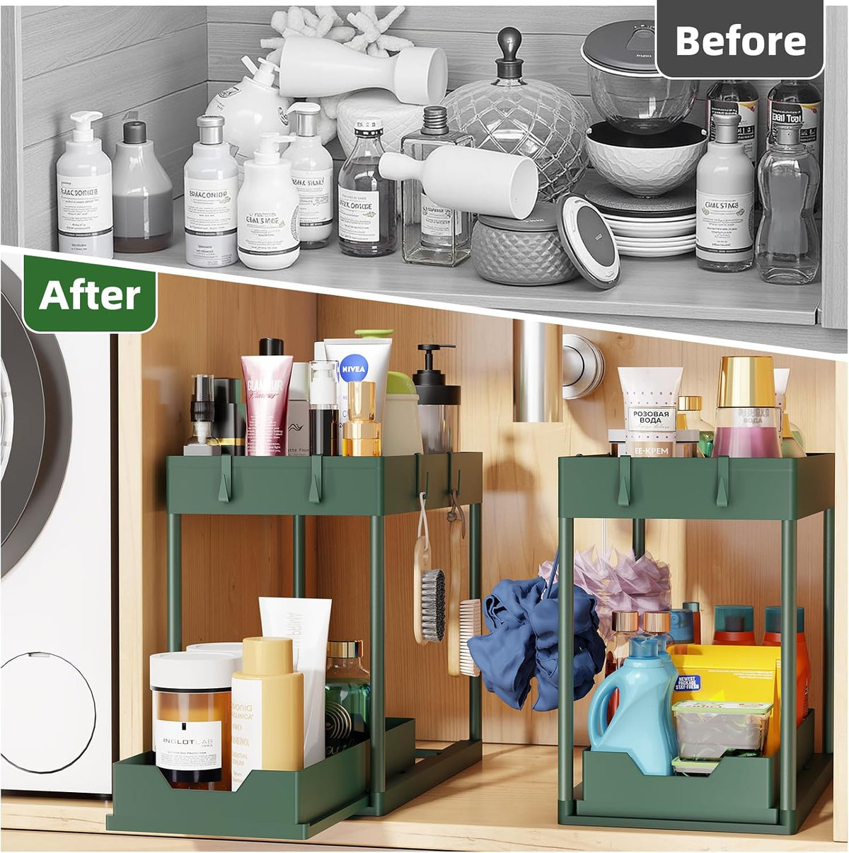 Simple Trending Under Sink Organizer 2 Pack, with Sliding Drawer, Green