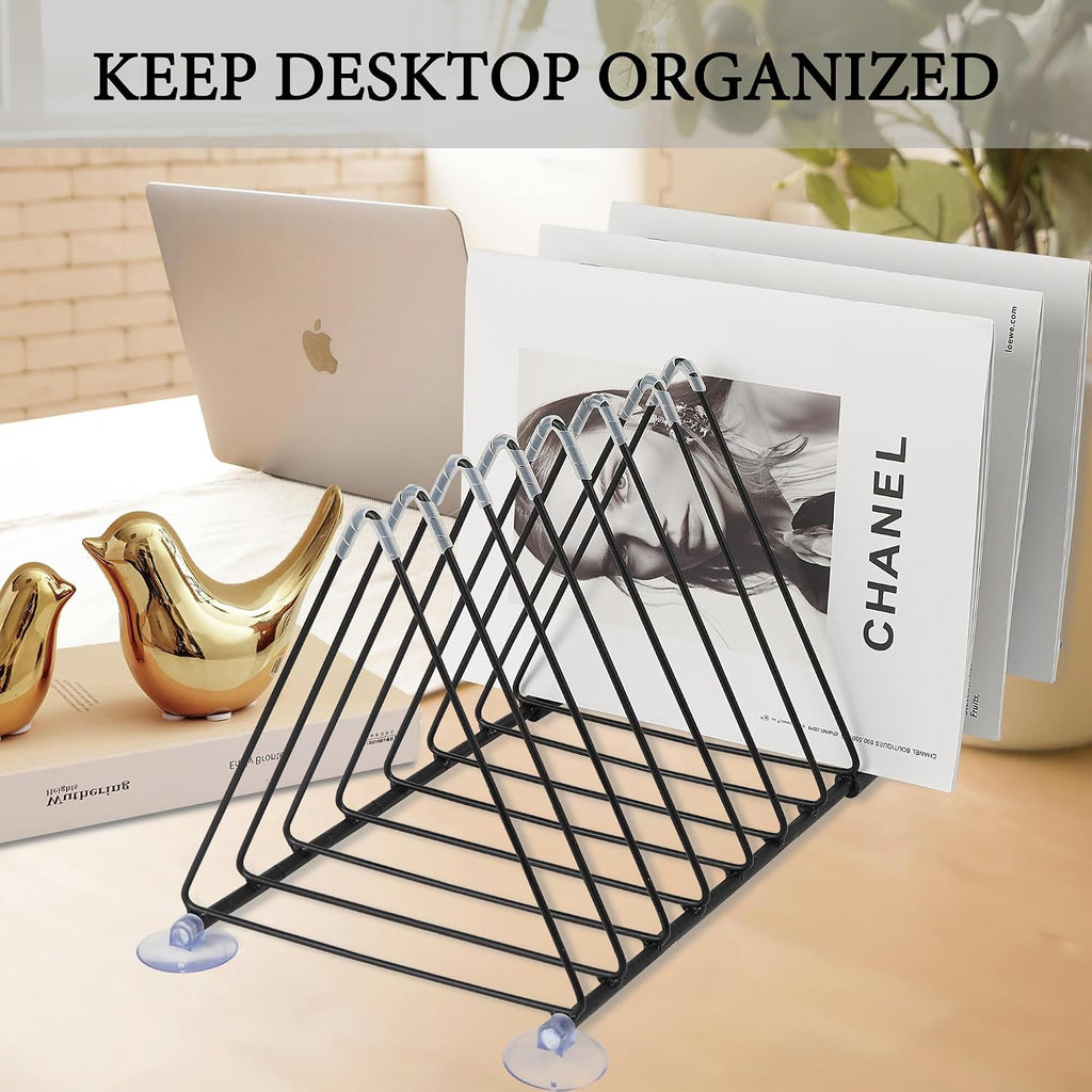 Vinyl Record Holder Storage, 11 Slot Metal Record Stand Magazine Newspaper Album Display Rack Desktop Triangle File Holders for Office Home Black
