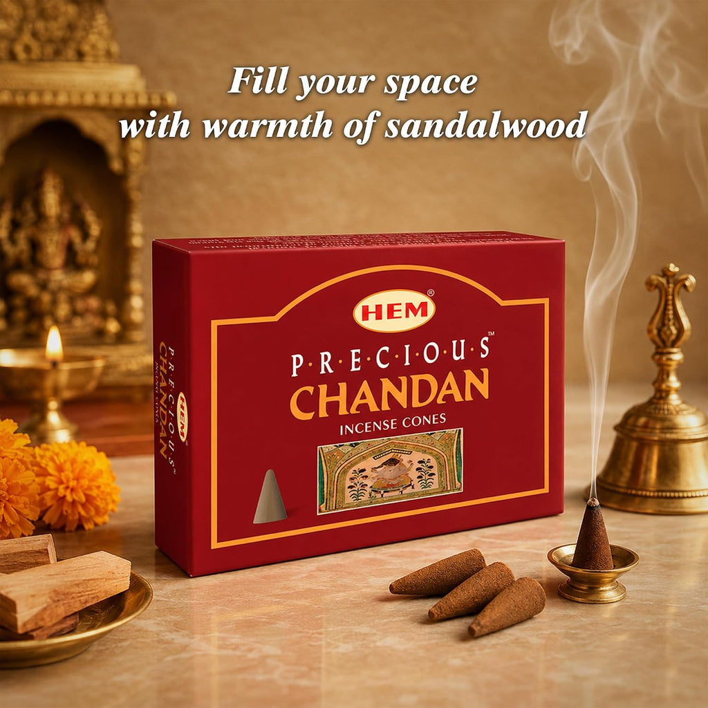 HEM Precious Chandan Incense Cones Pack of 120 | Natural Sandalwood Aroma for Positivity & Air Purifier | Pure House, Wood Powder | Home Essential, Aromatherapy Incense for Stress Relief & Cleansing