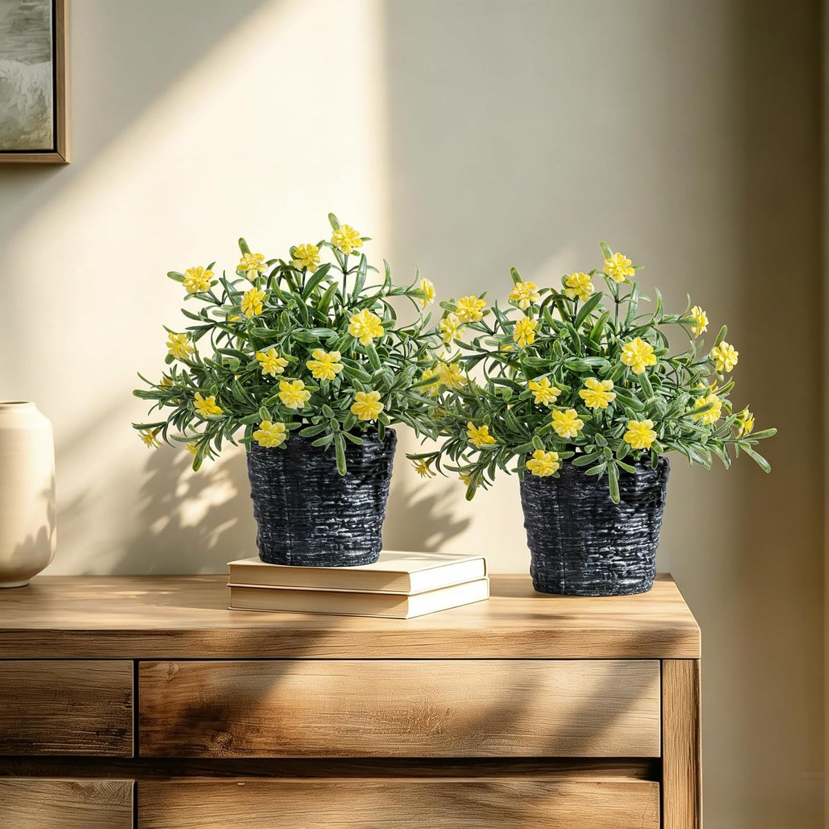 Small Fake Plants Set of 2, Mini Artificial Potted Plants with Flowers