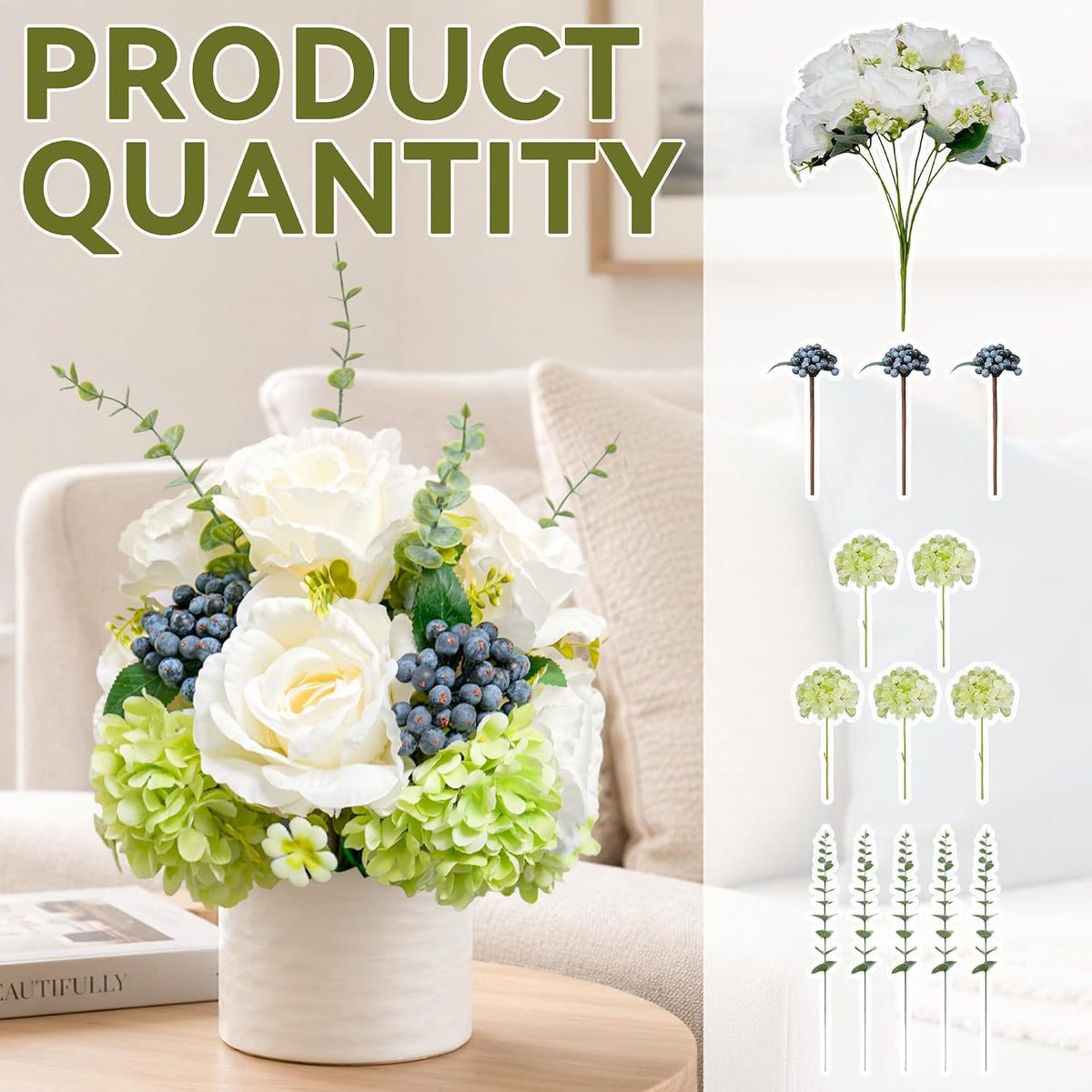 White Roses Artificial Flowers Arrangements for Table Rose Bouquet Indoor