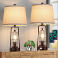 Brightever Farmhouse Table Lamps with 2 USB Ports, Set of 2 Rustic Industrial Desk Lamp for Living Room, 2-Light with Beige Lampshade for Bedside, Bedroom, Nightstand, House Decor, Reading(Bronze)