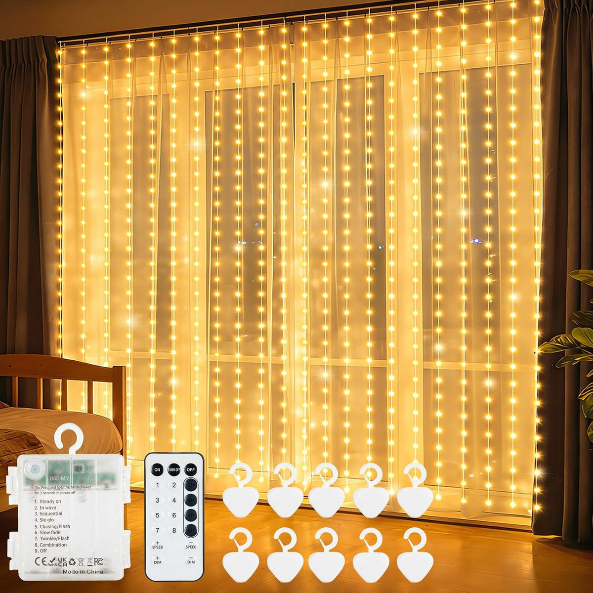echosari Curtain Lights Battery Operated 9.8 x 9.8Ft with Timer Warm White