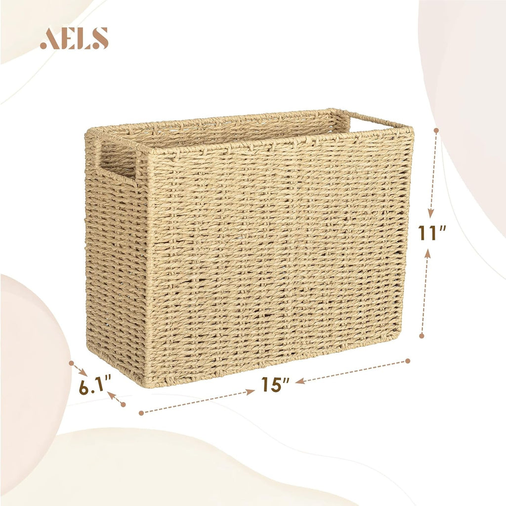 AELS Woven Natural Fibre Magazine Holder, Magazine Rack Floor, Hand-Woven Magazine Organizer, Natural Paper Rope Magazine Basket with Handles, Boho Modern Farmhouse Book Basket, Newspaper Holder