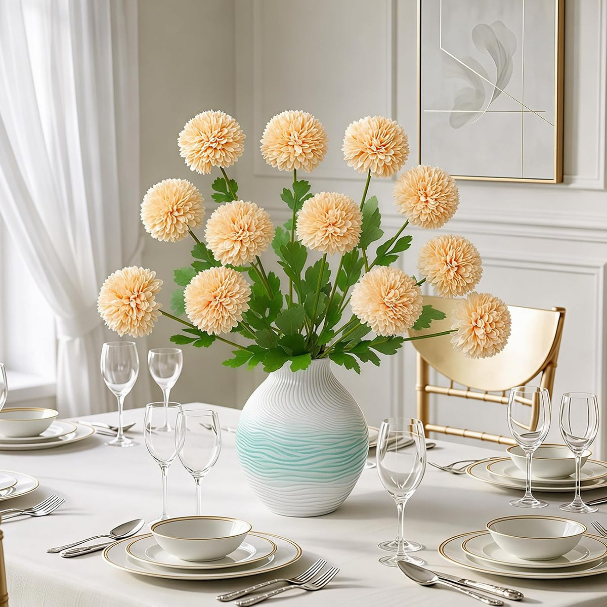 Artificial Flowers Faux Mums, Real Looking Flores Artificiales para Decoration, Faux Flowers Silk Chrysanthemum -28.34'', 12 Flowers for Decoration Indoor, Table Centerpieces(4, Champagne)