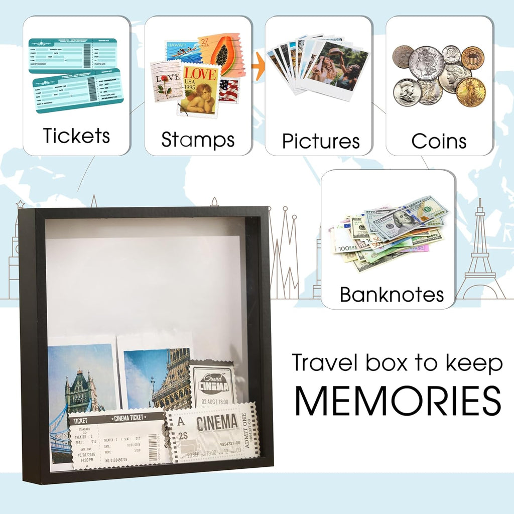 Adventure Archive Box, Travel Shadow Box with Slot, Shadow Box with Slot, Black and White, Store Memories: Money from Different Countries, Photos, Plane Tickets, Movie Tickets (Black-NO MAP, 12x12)