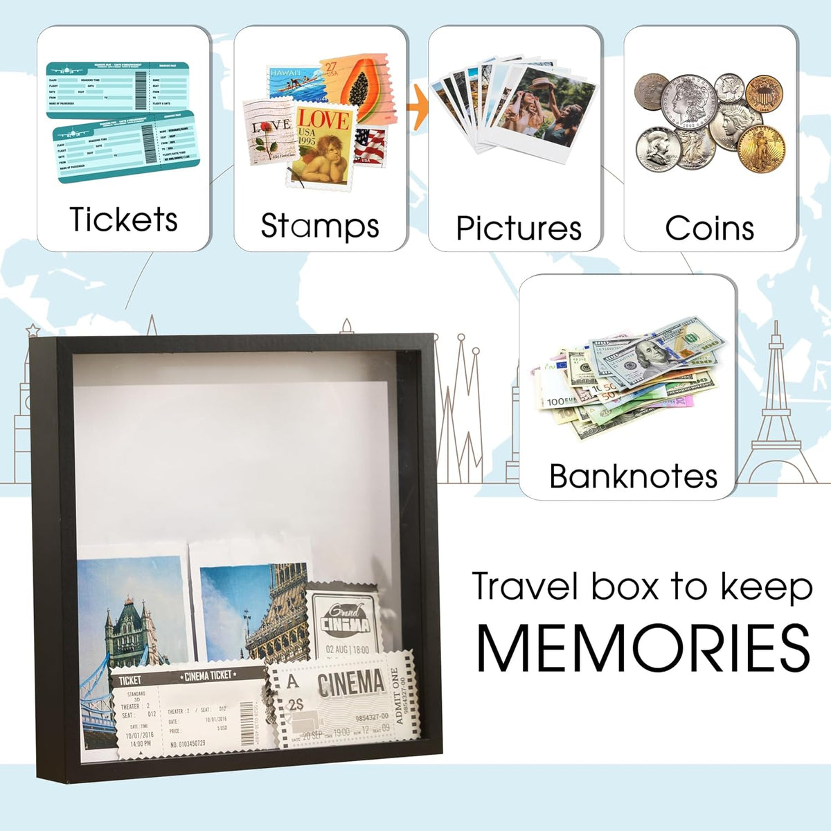 Adventure Archive Box, Travel Shadow Box with Slot, Shadow Box with Slot, Black and White, Store Memories: Money from Different Countries, Photos, Plane Tickets, Movie Tickets (Black-NO MAP, 12x12)