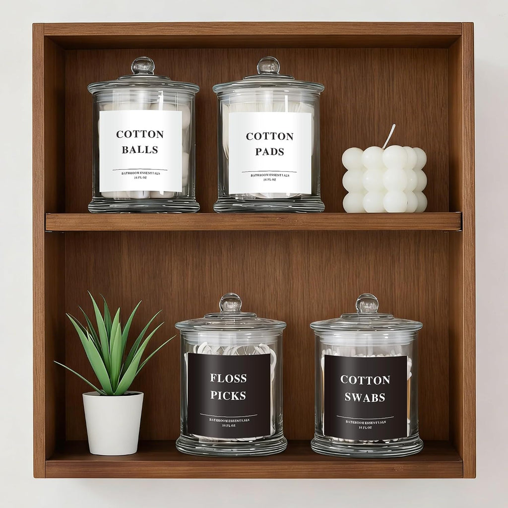 LEORAY 4 Pack Glass Qtip Holder Dispenser with Lids, Airtight Waterproof Apothecary Jars, 16 Oz Vanity Organizer Bathroom Canisters for Cotton Swabs, Balls, Pads, Floss Picks, Transparent