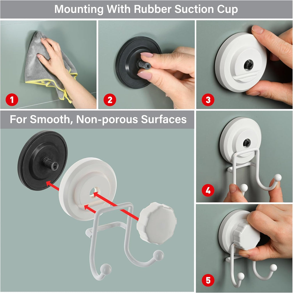 HASKO Suction Cup Hooks for Shower Wall, Removable Towel Hooks for bathrooms, Includes Optional No Drill Adhesive Mount for Inside Shower, Rustproof Stainless Steel - 2 Pack, White