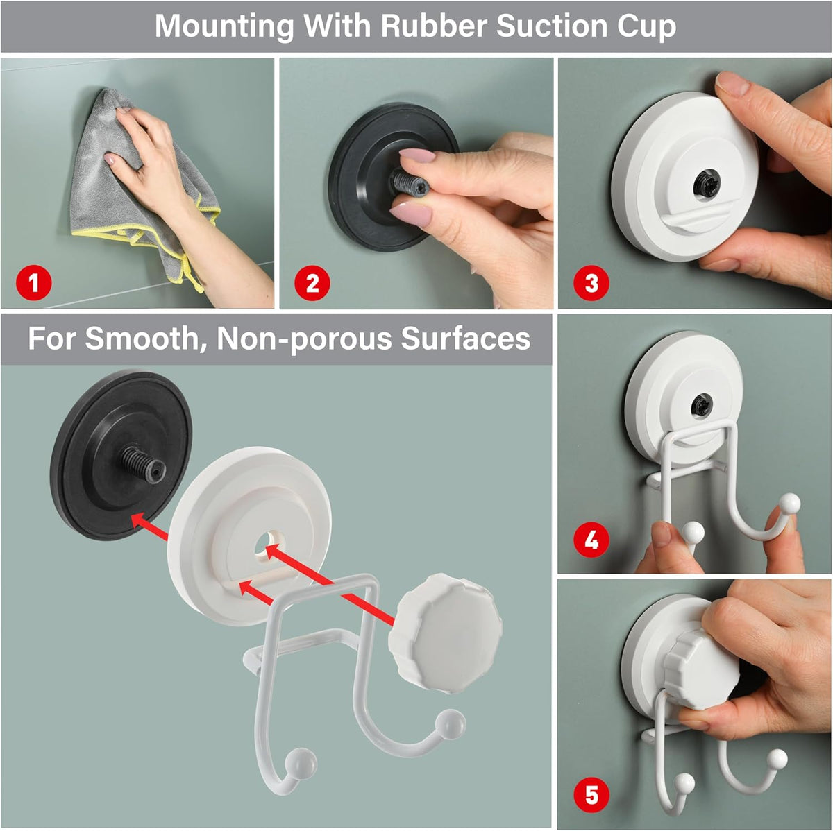 HASKO Suction Cup Hooks for Shower Wall, Removable Towel Hooks for bathrooms, Includes Optional No Drill Adhesive Mount for Inside Shower, Rustproof Stainless Steel - 2 Pack, White