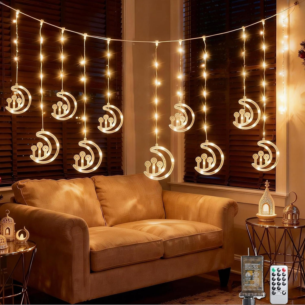 Vigdur Ramadan Curtain for Home, 10FT 120 LEDs Moon Lights with Remote