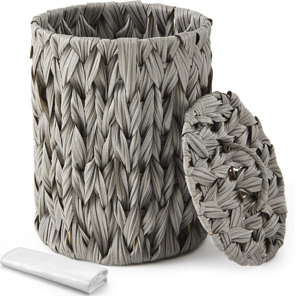 Ctosree 1.3 Gal Boho Wicker Trash Can with Lid, Grey