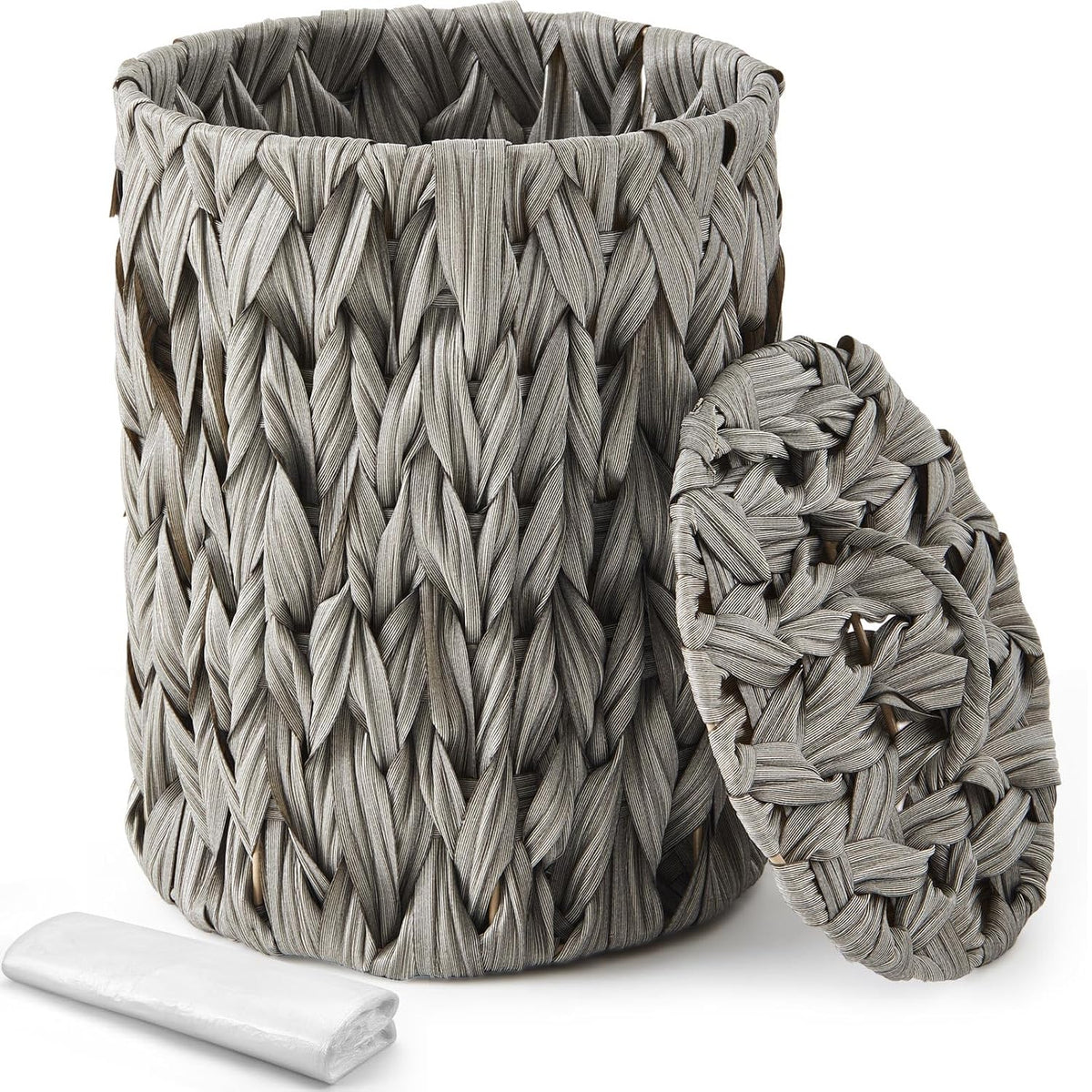 Ctosree 1.3 Gal Boho Wicker Trash Can with Lid, Grey