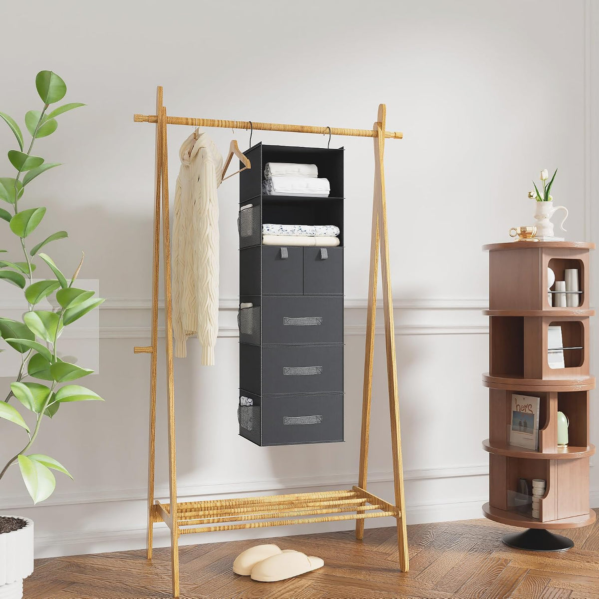 6-Shelf Hanging Closet Organizer with 5 Drawers, Non-Woven, Dark Gray