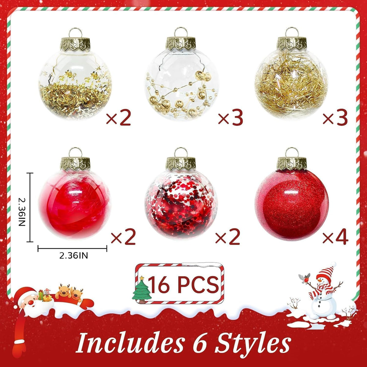16 Piece Christmas Ball Ornaments Set, Clear Unbreakable Tree Decor