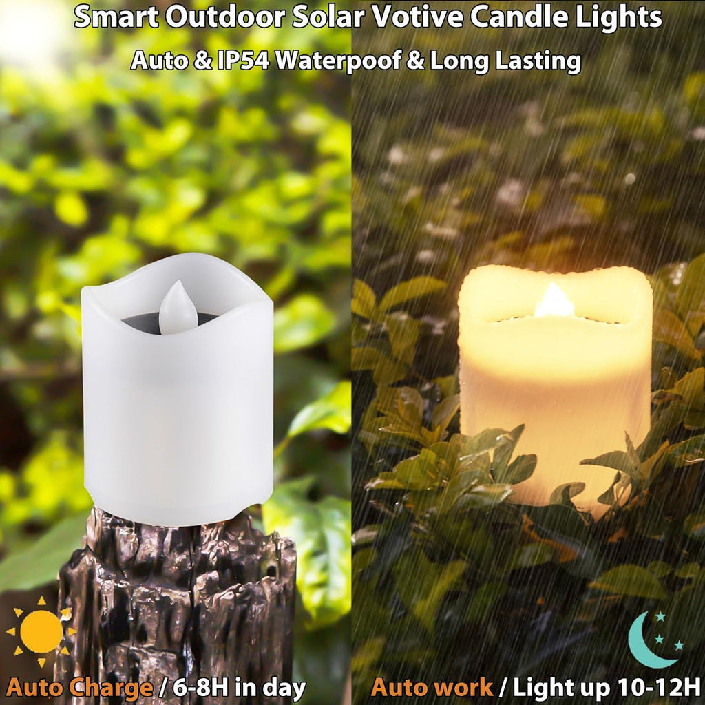 Solar Candles Outdoor Waterproof, 4pcs Rechargeable Dusk to Dawn Little Votive Candles, Flameless Flickering Solar Tea Lights for Patio Yard Deck Pathway Window Outdoor Lantern Decor (Warm White)