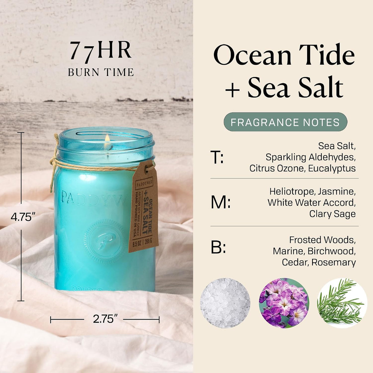Paddywax Relish Soy Wax Artisan Candle, Ocean Tide + Sea Salt, 9.5 oz
