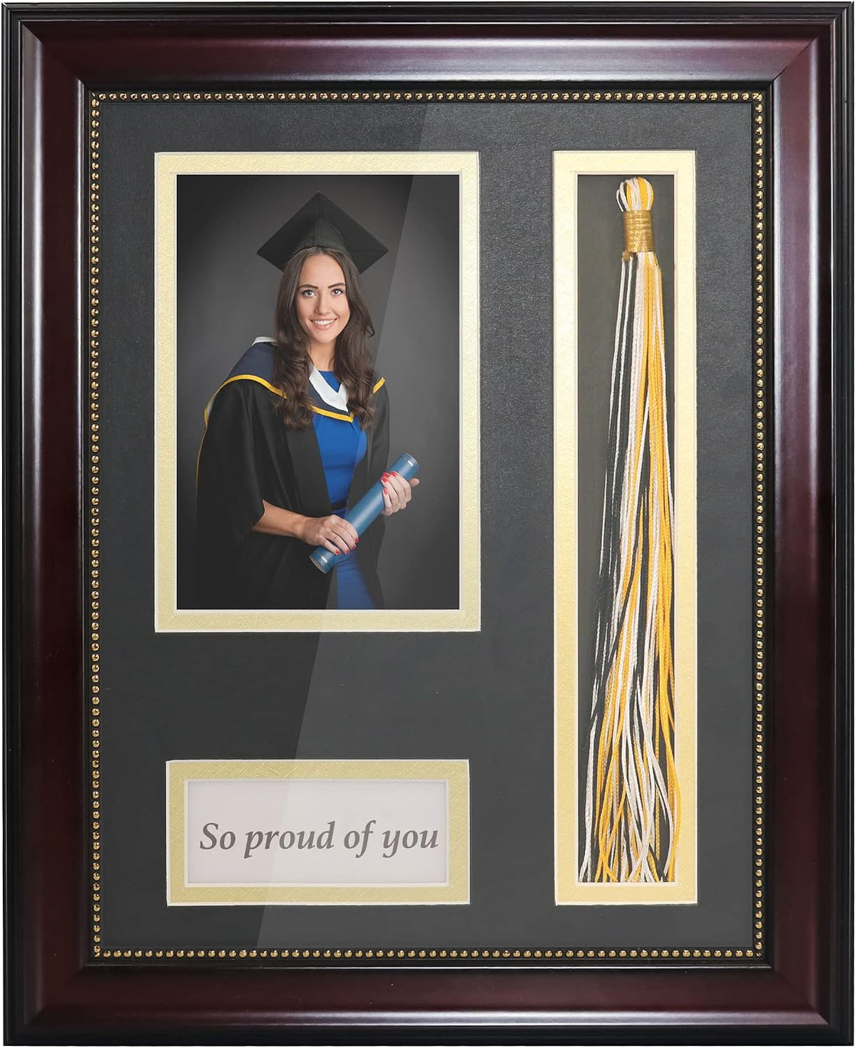 GraduationMall Graduation Photo Shadow Box Frame with Tassel Holder for 4x6 Pictures,Real Glass,Black over Gold Double Mat,Wall & Tabletop Design