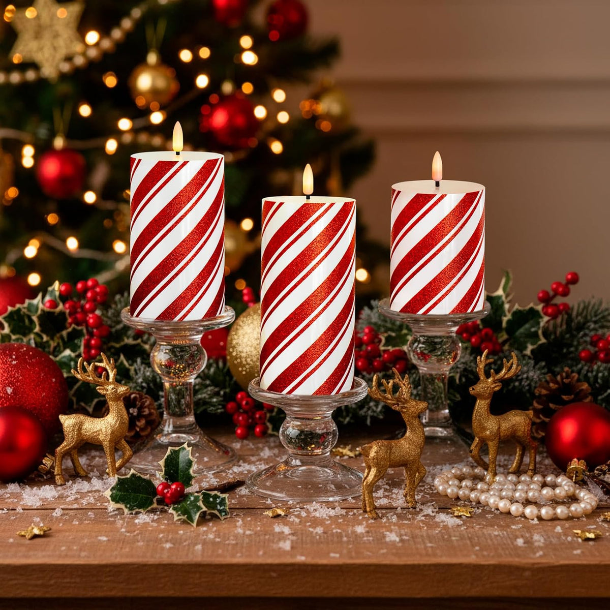 Red Stripe Glitter LED Pillar Candles, Battery Operated Real Wax Flameless Candles for Christmas Holiday Home Party Decor, Set of 3 (D3 x H4 5" 6")