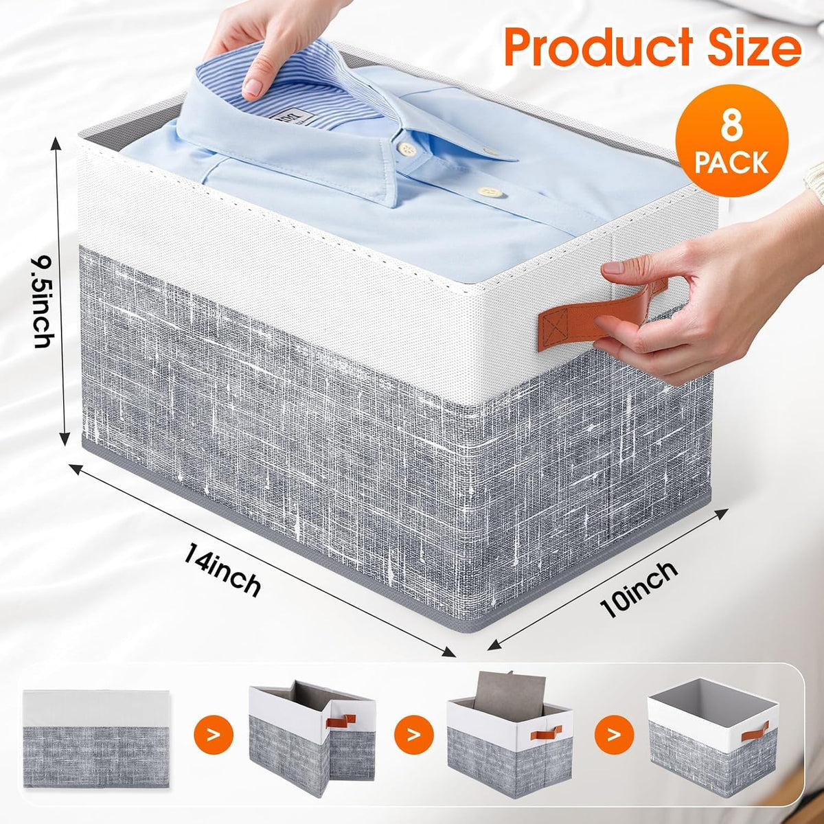 Fab totes Collapsible Storage Baskets for Shelves,14"x10", 8 Pack Foldable Fabric Storage Bins with Double Leather Handles, Large Baskets for Organizing Books, Clothes, White & Grey