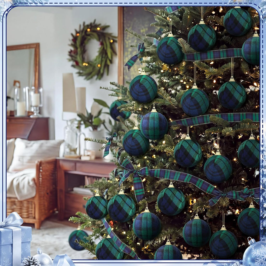 Syhood 24 Pcs Christmas Ball Ornaments 2.4 Inch, Blue Green Tartan Plaid