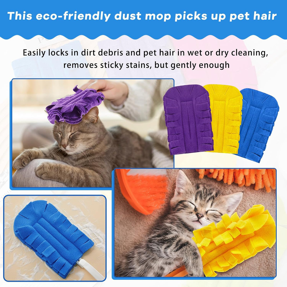 3 Pcs Reusable Duster Refills Washable Pads, Yellow, Blue, Purple