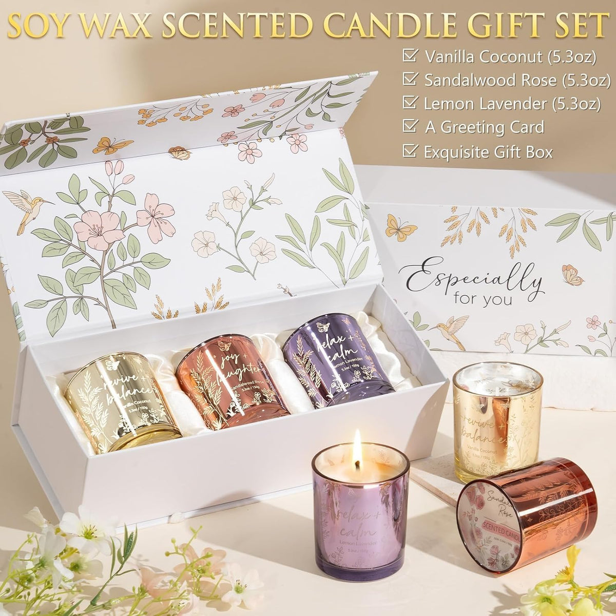 Candles for Women, 3 Pack Soy Wax Candle Gift Sets for Home Scented