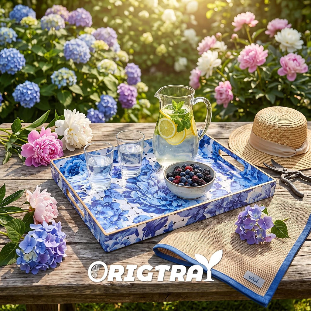 Serving Tray with Handles, Rectangular Plastic Tray 15.75x11.81 Inch, Decorative Tray for Kitchen, Dining Table, Vanity, Office & Home (Blue Peony, 15.8" x 11.8" x 1.6")