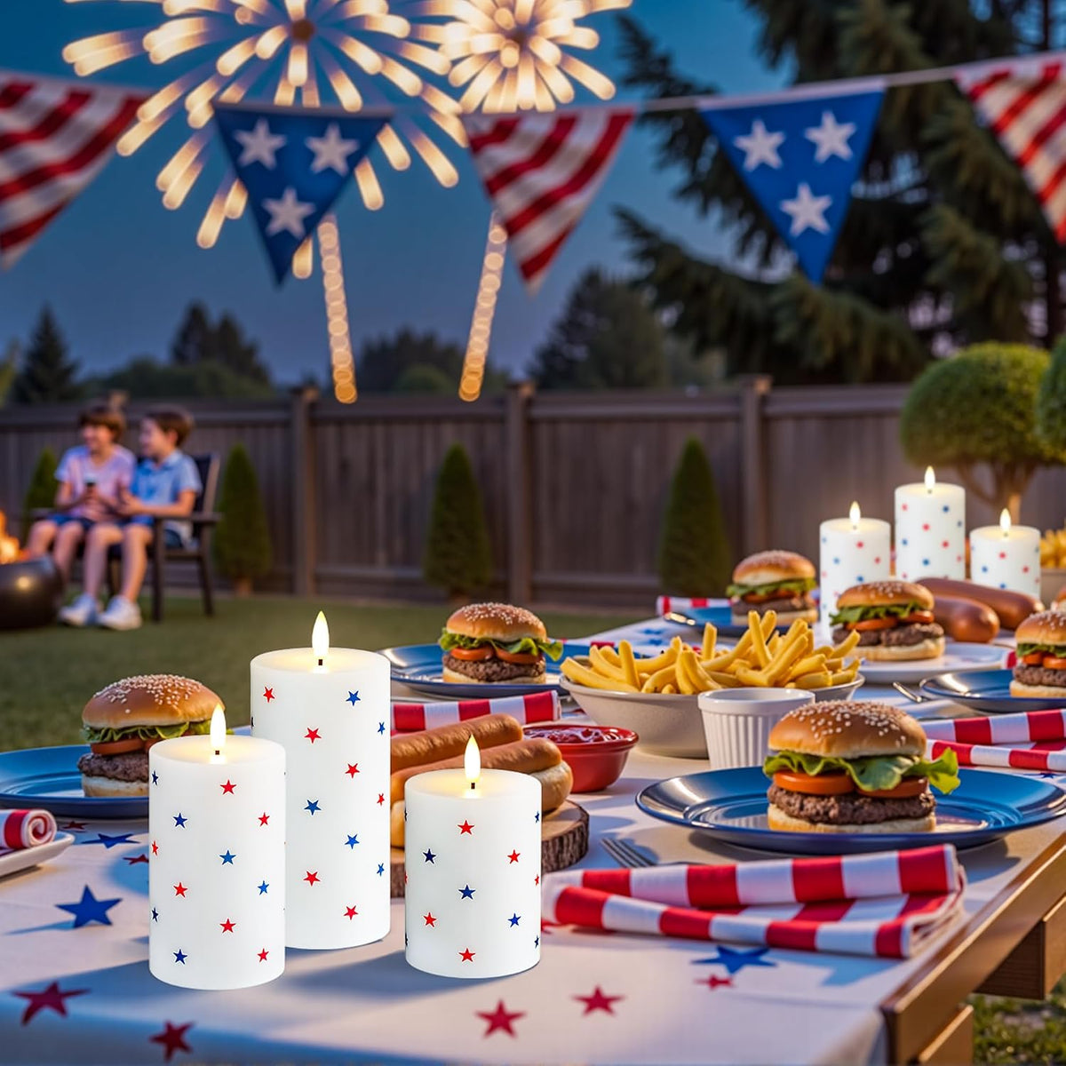 Flameless LED Candles, 3 Patriotic Americana Pillar Candles, Timer, Remote Ready, Stars Design for July 4th Memorial Day