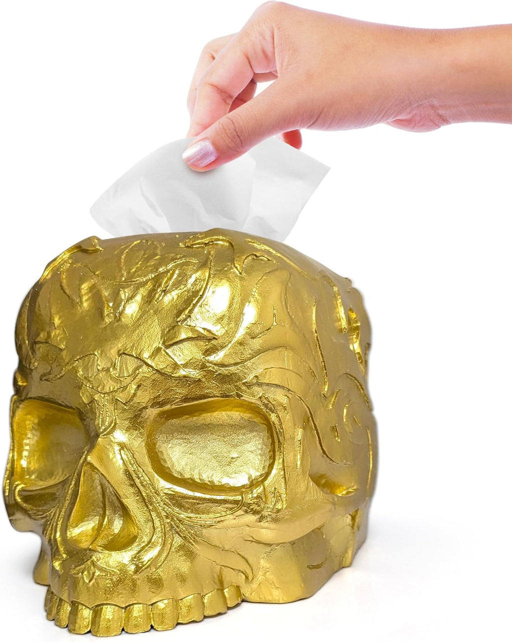 Gothic Skull Tissue Box Cover, Gold, Square by Death Decor