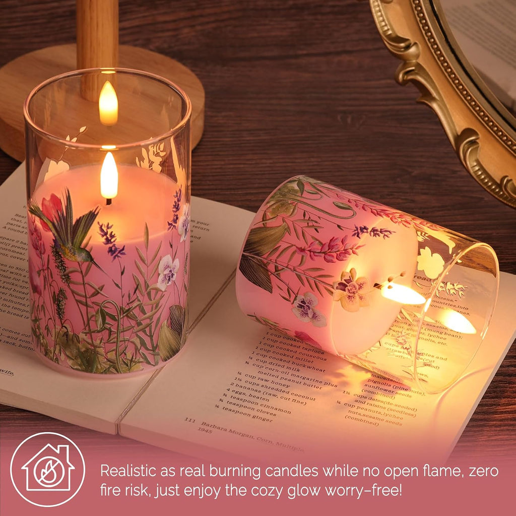 Pink Hummingbird Floral Glass LED Candles with Remote Set of 3