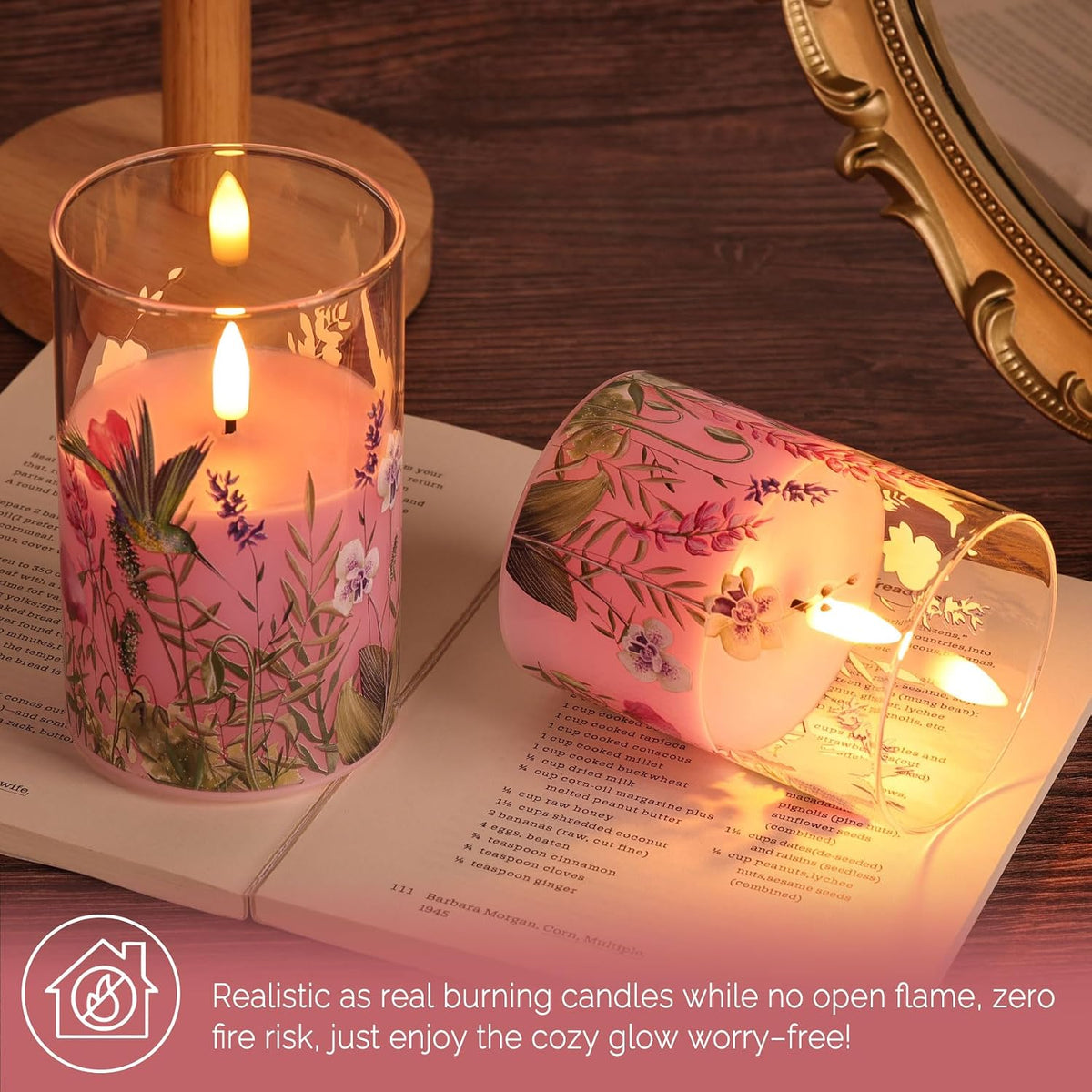 Pink Hummingbird Floral Glass LED Candles with Remote Set of 3
