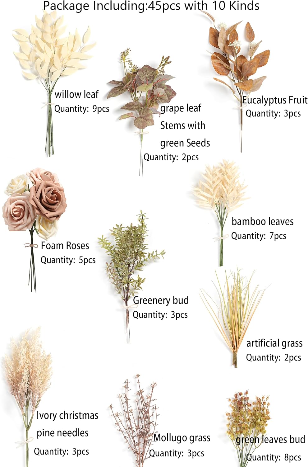 Serra Flora Artificial Greenery Stems Combo Box Set,34pcs with 7 Kinds of Faux Greenery Picks for DIY Bridal Bouquets Wedding Floral Arrangement Party Table Centerpieces