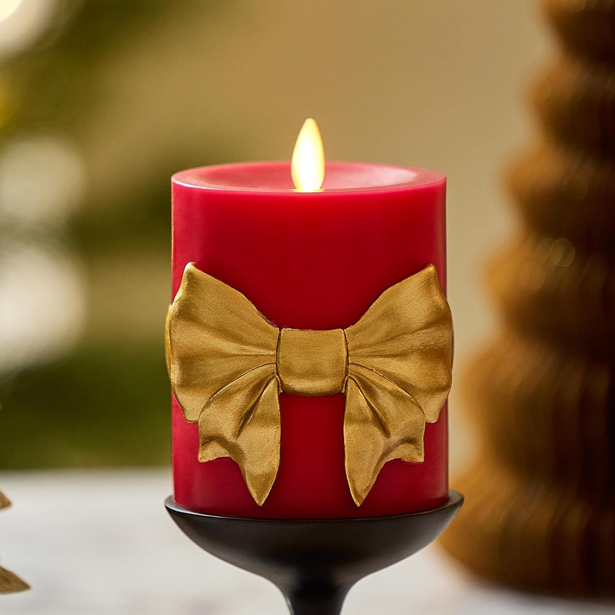 Luminara Flameless Candle 3.4" x 4.5" Real Wax w/Remote and Built-in Timer Moving Flame LED Battery Operated Holiday Red Pillar with Gold Bow Unscented Seasonal Christmas Decorations