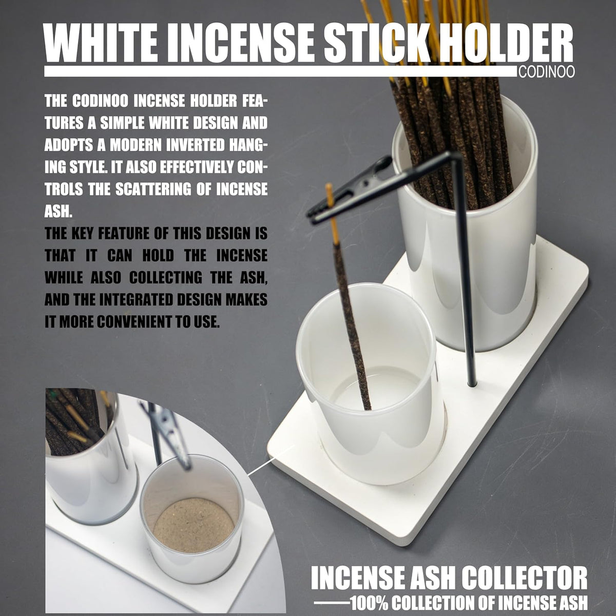 2 in 1 Incense Holder for Sticks Incense Burner Holder with Storage,Glass Upside Down Incense Holder for Sticks with Glass Ash Catcher for Meditation Yoga Spa Room Home Decor[Full White]